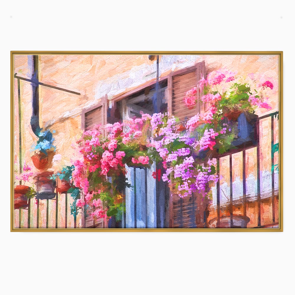 Tablou canvas cu pictura cu balcon plin de flori roz, in rama de aluminiu auriu